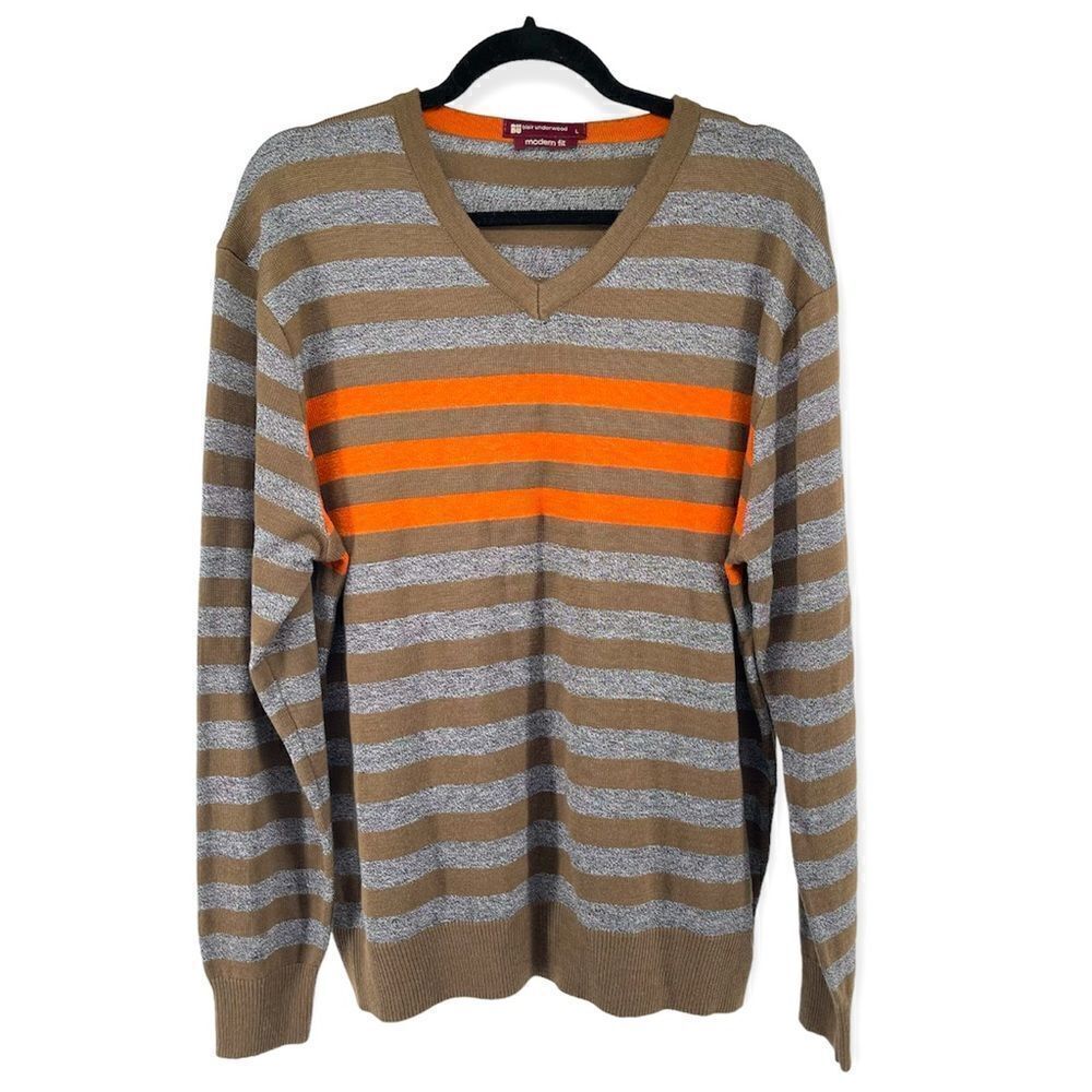 Blair Underwood Men’s Large Modern Fit Orange Brown Striped V-Neck Sweater